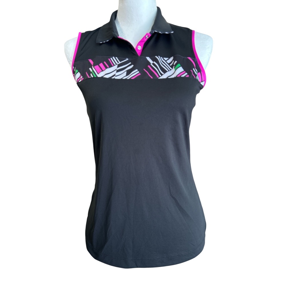 Slazenger Womens Sleeveless Golf Polo Shirt Black Pink Geometric Print Small